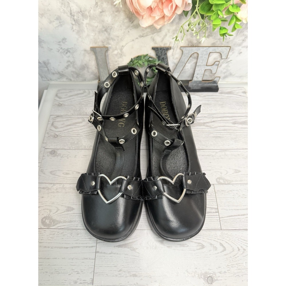 Doboyg Womens 7.5 Black Platform Mary Jane Shoes Harajuku Gothic Heart NWOT